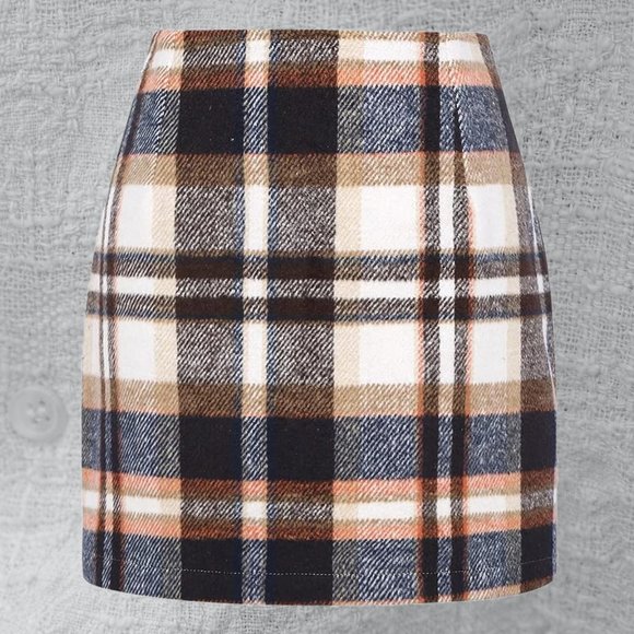 Plaid High Waisted Skirt Womens Short Mini Straight Wool Flannel Winter Fall - Picture 2 of 11